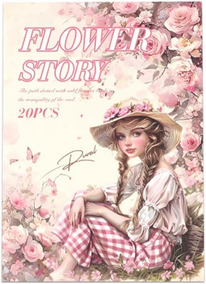 TIAMECH Stories Among Flowers Sticker Book - Girls Travel Series, 20 Sheets PET & Washi Stickers for Scrapbooking, Ephemera, Waterproof Junk Journaling Supplies & DIY Crafts (Size 10.5 x 7.1in)