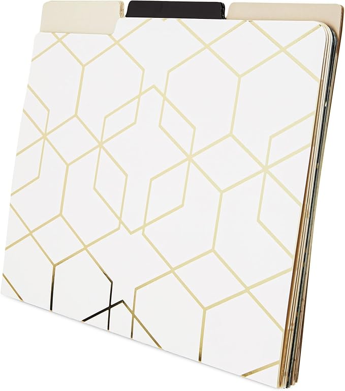 Paper Junkie 12-Pack Cute Geometric Gold Foil Decorative & Colored File Folders, Letter Size (9.5x11.5 in) - 1/3-Cut Tab File Folders for Office Supplies - Aesthetic Office Supplies