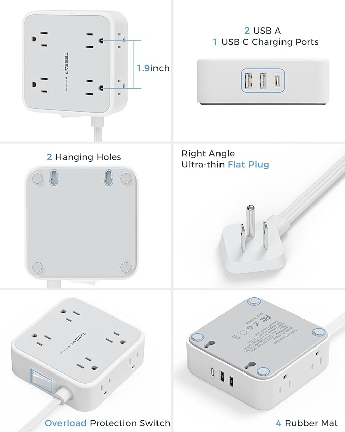 Power Strip Surge Protector 10 Ft Cord, 8 AC Outlets, 3 USB Charger(1 USB C Port), TESSAN Ultra Thin Extension Cord, Flat Plug, 900 Joules Protection, Desk Charging Station for Home, Office