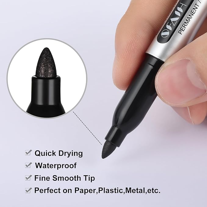 SFAIH Black Permanent Markers Bulk - 36 Pack, 1s Quick Dry, Non-Fading, Fine Point Permanent Pens for Plastic Glass Metal Wood Paper Stone, Office Classroom Kitchen, Doodling, Marking, Waterproof