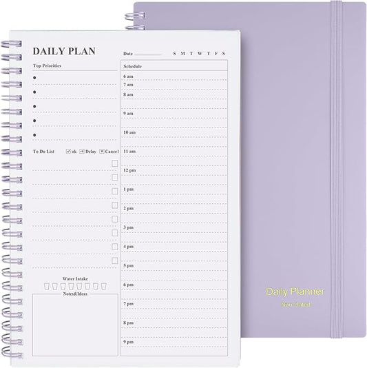 Asten Daily Planner Notebook, Undated To Do List with Hourly Schedules, Spiral Binding, Appointment Planner for Men & Women, ADHD-Friendly, Purple, 8.3" x 5.8"