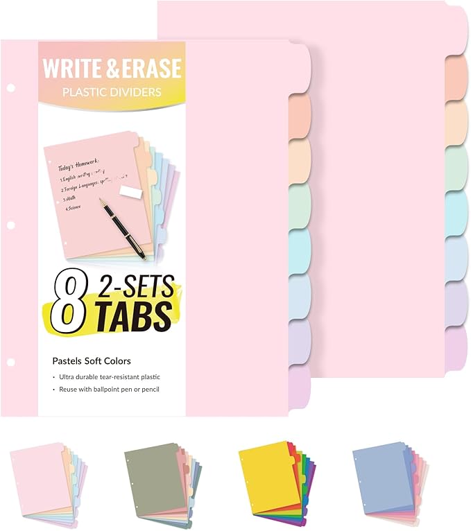 Sooez 8 Tabs Long-Lasting Plastic Write & Erase Large Tabs Dividers for 3 Ring Binder, Aesthetic Cute Pastels Binder Dividers for Student, Teacher, Office, Home Organizers, 2 Sets, Pastels Color