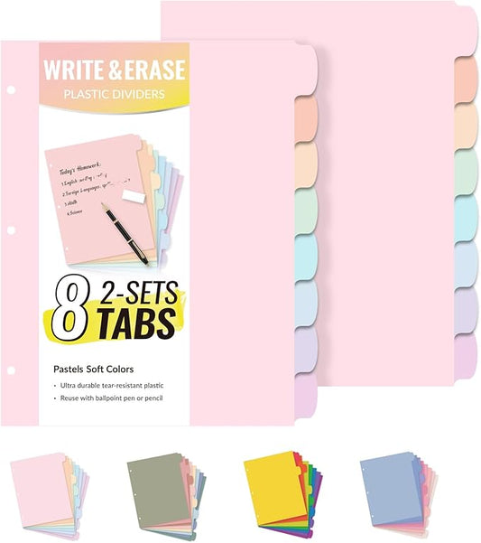 Sooez 8 Tabs Long-Lasting Plastic Write & Erase Large Tabs Dividers for 3 Ring Binder, Aesthetic Cute Pastels Binder Dividers for Student, Teacher, Office, Home Organizers, 2 Sets, Pastels Color