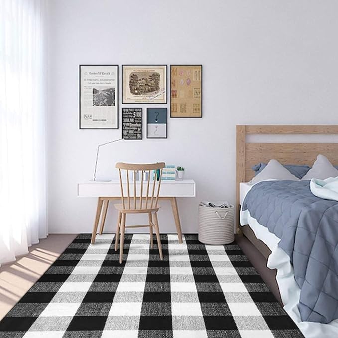 Buffalo Plaid Outdoor Rug, 3'x5' Black and White Check Indoor/Outdoor Area Rugs, Layering Rug for Hello/Welcome Door Mat, Washable Cotton Woven Farmhouse Mat for Christmas Front Porch Décor
