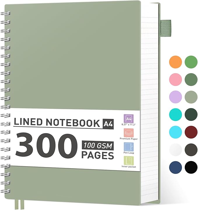 AHGXG Spiral Notebook College Ruled - Large Spiral Journal A4 Notebook 8.5" x 11", 300 Pages Writing Journal for Work, 100GSM Thick Paper, Plastic Hardcover, for Women Men Office School, Sage Green