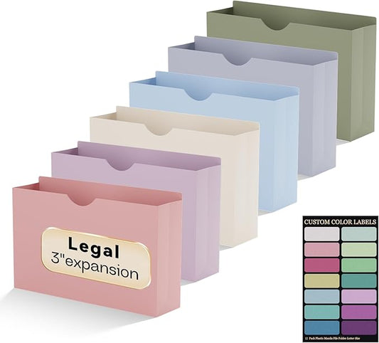 Plastic 3 Inch File Jackets,Legal Size,12 Pack Manilla Pocket Folders,Expandable File Jackets for Document,Heavy Duty Expansion Pocket,Straight Cut Tabs,Poly File Jacket,Pastel Color