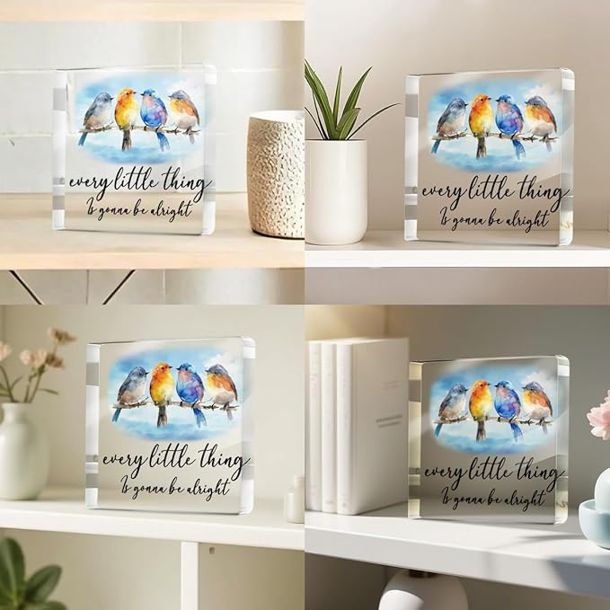 Inspirational Gifts for Women Men Friends, Cute Watercolor Bird Decor Acrylic Sign- Every Little Thing Is Gonna Be Alright, Uplifting Gifts, Positive Quotes Desk Decorative Signs for Home