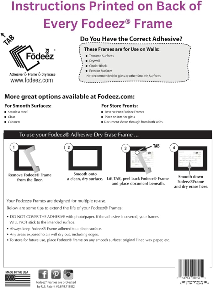 8.5 x 11 Adhesive Wall Frames - Peel & Stick Picture Frames, Wall Sign Holder, Paper & Letter Protector Sheets, Reusable Picture Frame, Dry Erase, Non Magnetic & Non Acryclic - Black, Pack of 5