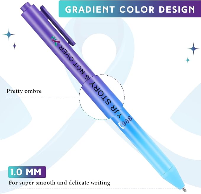 Jetec 100 Pcs Suicide Prevention Awareness Ribbon Pens Bulk Black Ink Retractable Fine Tip Pens with Gradient Color Barrel Ballpoint Pens for Charity Volunteers Activity