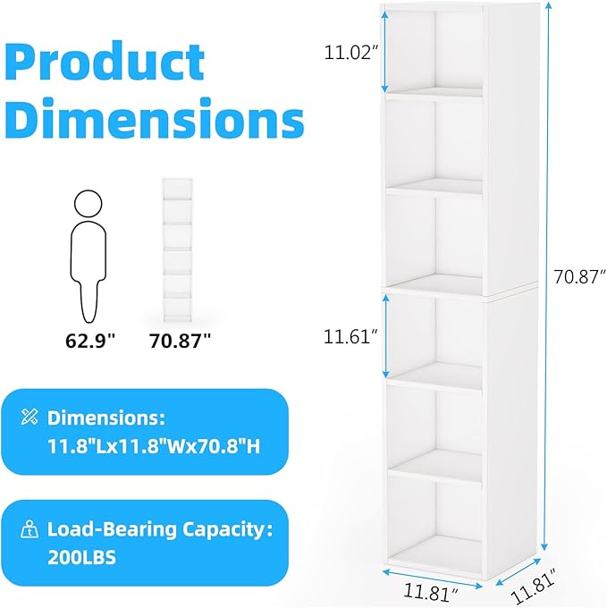 70.9" Wooden Bookshelf, 6-Tier Bookshelf with Open Storage, Corner Bookcase, Display Shelf for Bedroom and Living Room Offices, White