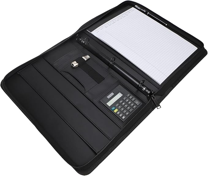 Business Portfolio with Zipper 3 Ring Binder Organizer - PU Leather Folder Padfolio Document Organizer with Solar Calculator,Writing Pad