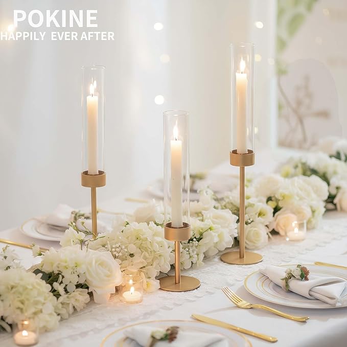 Tall Candle Holders Set of 3, Hurricane Glass Taper Candlestick Holders for Wedding, Christmas Decor, Dining Table, Party Centerpieces