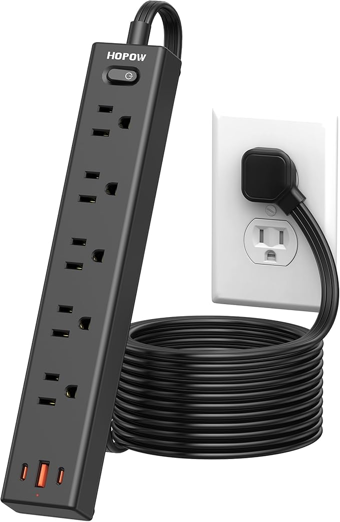 Power Strip Surge Protector, 10 Ft Ultra Flat Extension Cord, Surge Protector with 5 Outlets & 3 USB Ports (2 USB C), 1700 Joules, Wall Mount, Desktop Charging Station for Home Office, Black