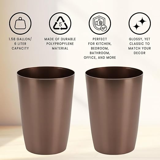 Mini Waste Basket - Pack of 2 Durable Small Plastic Garbage Trash Can Bin - Lidless Open-Top Rectangular Slim Profile for Compact Spaces - Suitable for Home, Bathroom, Office, Bedroom & More, Copper