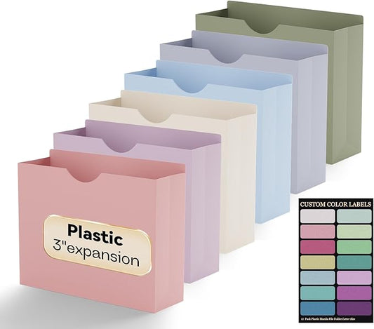 Plastic 3 Inch File Jackets Letter Size,12 Pack Manilla Pocket Folders,Expandable File Jackets for Document,Heavy Duty Expansion Pocket,Straight Cut Tabs,Poly File Jacket,Morandi Color