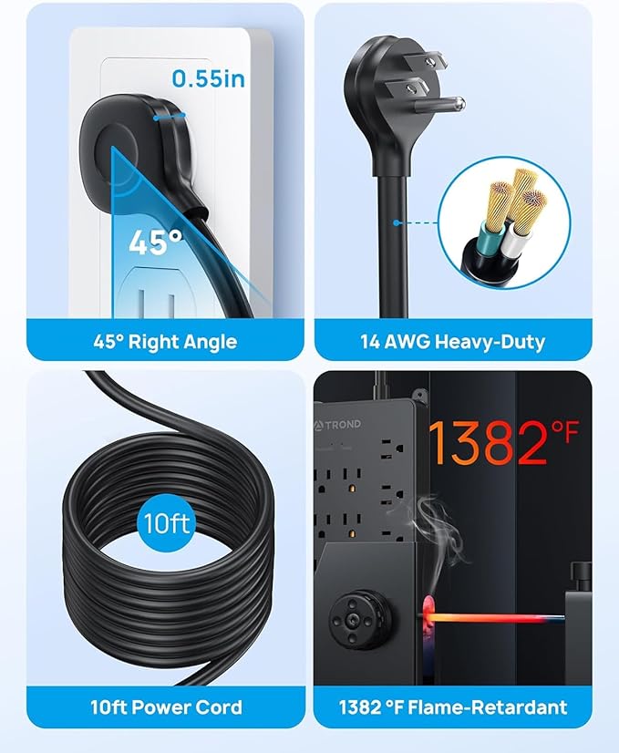 TROND Surge Protector Power Strip, 22 Widely Spaced Outlets with USB Ports, Wall Mount, 4000 Joules, ETL Listed, 10 ft Flat Plug Heavy Duty Extension Cord for Home, Office, Dorm Essential, Black