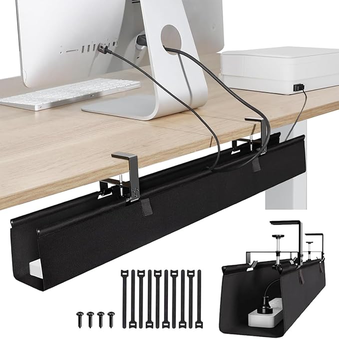 Under Desk Cable Management Tray 36" - No Drill Computer Wire Organizer Cable Tray, Fabric Cord Hider Clamp Mount, Premium Fabric Cable Management Tray for Office, Home (Black/1set)