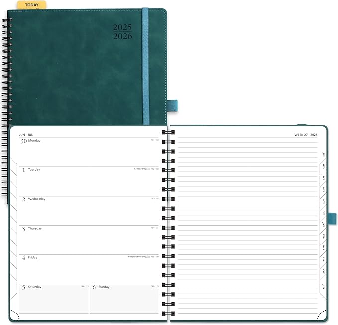 POPRUN Planner 2025-2026 Weekly Planner Notebook (Large 8.5''x 10.5'') Academic Calendar (JUL.25 - JUN.26) Appointment Book with Monthly Tabs, Spiral Soft Cover, Inner Pocket, 100 GSM - Petrol