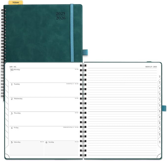 POPRUN Planner 2025-2026 Weekly Planner Notebook (Large 8.5''x 10.5'') Academic Calendar (JUL.25 - JUN.26) Appointment Book with Monthly Tabs, Spiral Soft Cover, Inner Pocket, 100 GSM - Petrol