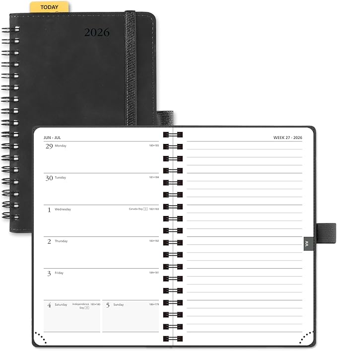 POPRUN 2026 Planner Weekly Notebook (Jan-Dec), Small Size 4''x 6.25'' - 2026 Pocket Calendar for Purse with Spiral Soft Cover, Plastic Ruler, Inner Pocket, 100 GSM - Black