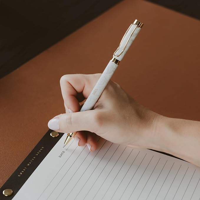 Sweet Water Decor Mr and Mrs Wedding Pen Set, 2 Piece Ballpoint Pens with Gold Accents, Black and Grey Delft Design, Medium Black Ink, Perfect for Guest Book, Engagement, Bridal Shower, Newlywed Gift