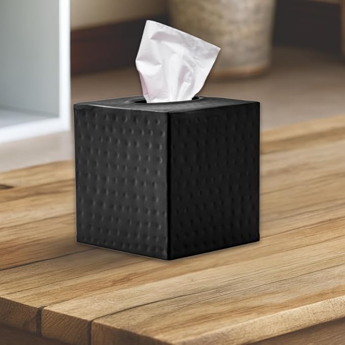 Monarch Abode Hand Hammered Tissue Box Cover Square, Matte Black Tissue Holder for Bathroom, Square Metal Dresser Accessories, Decorative Tissue Box Holder, Matte Black Handcrafted Tissue Cover