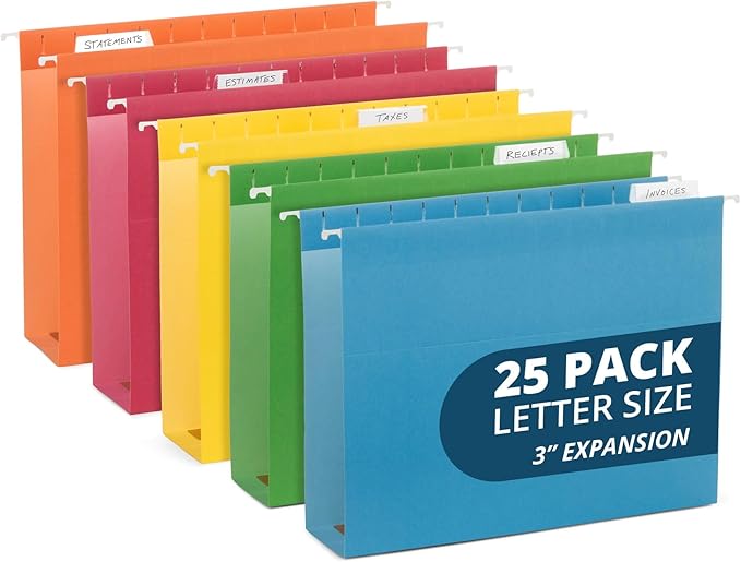 25 Blue Summit Supplies Hanging File Folders 3 inch Expansion, Letter Size, Assorted Colors, 3 inch Hanging File Folders, 11PT Paper, Expandable Hanging File Folders Letter Size 3 inch, 25 Pack