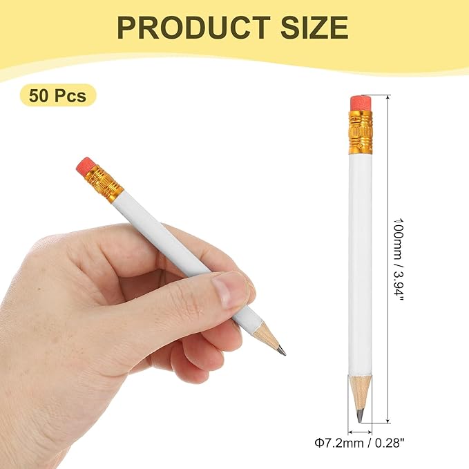 MECCANIXITY Golf Pencils with Erasers, 4" HB Mini Half Pencils Pre Sharpened Small Pens for Wedding Bridal Shower Game Office Writing Drawing(White, Pack of 50)