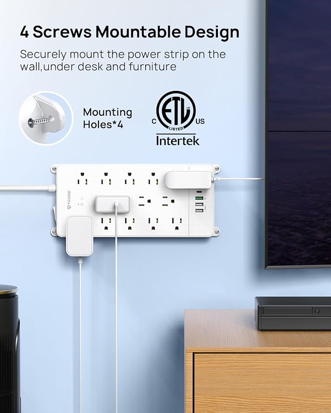 TROND Surge Protector Power Strip with USB C, Flat Plug Extension Cord 5 ft, 13 Wide Spaced Outlets, 4000 Joules, 32W Quick Charge 3.0 &, Wall Mount, Under Desk, Heavy Duty ETL Listed, White