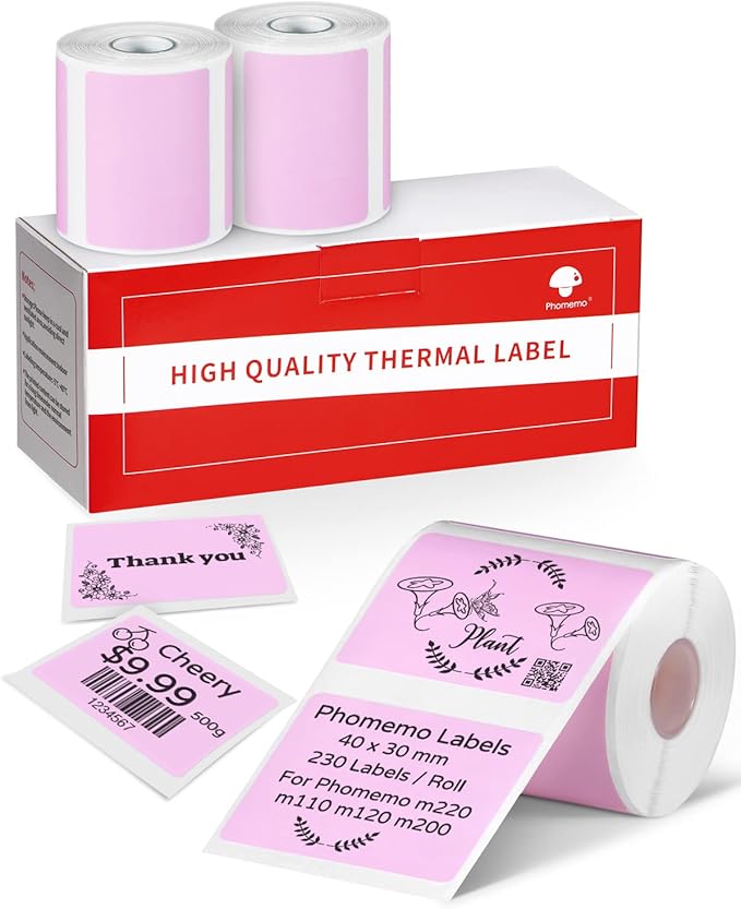 Phomemo M220 Labels,3 Roll Pink Labels for M220 M110 M108 M250 M260 M221 M200 M120 M150 Label Maker,1.57'' x 1.18''(40 x 30mm) Sticker Label for Barcode,Name,Home,Office,School
