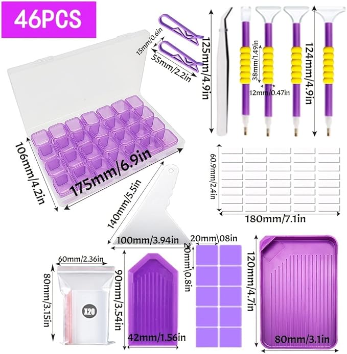 KTCLCATF 46PCS DIY Diamond Painting Tools and Accessories Kits Multiple Sizes Painting Pens for Adults to Make Diamond Art Craft Tweezers Glue Diamond Correction 28 Girds Storage Box