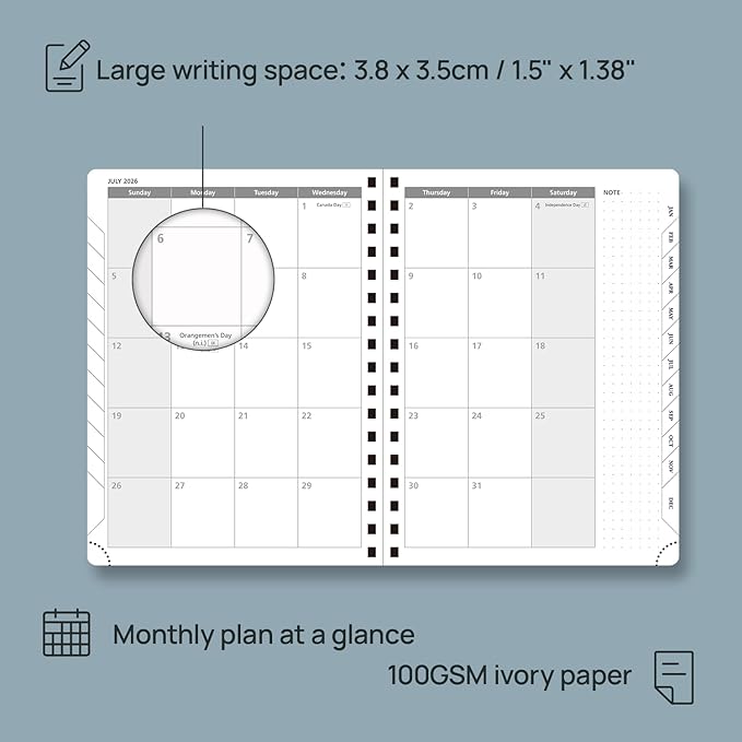 POPRUN 2026 Planner Weekly Notebook (Jan-Dec), Medium 8.5''x 6.5'' - Agenda 2026 Calendar Book with Monthly Tabs, Inner Pocket, Spiral Soft Cover, 100 GSM - Black