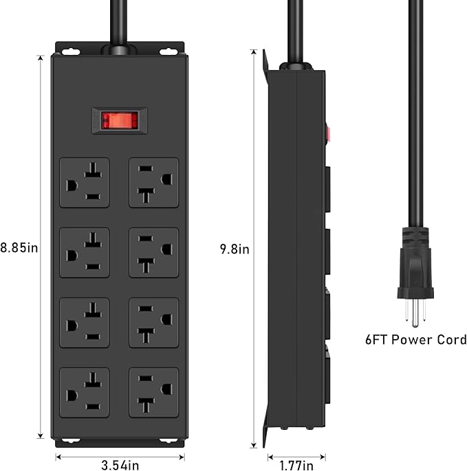JUNNUJ Heavy Duty 20 Amp Power Strip, Garage 8 Outlets Metal 12 Gauge Surge Protector 3000J, High Amp 5-15P Adapter Shop 6-20R T-Slot Industrial Outlets (8AC, 6FT)