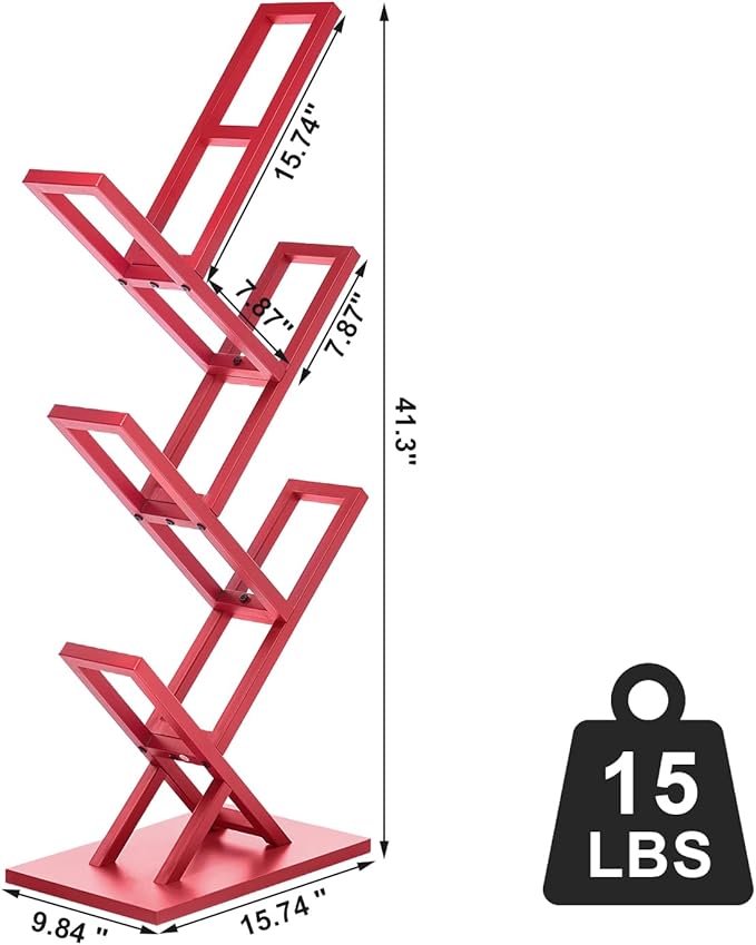 5 Tier Tree Bookshelf, Floor Standing Bookshelf for Narrow Space,Storage Organizer Bookshelves for Books/CDs/Magazine, Bookcase with Shelves for Home Office, Living Room-Red