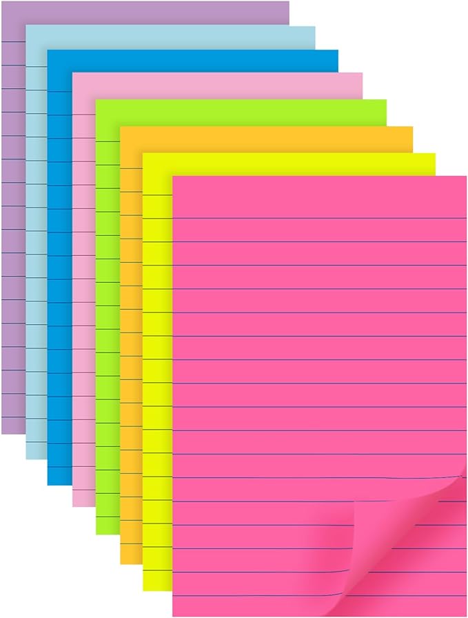 (8 Pads) Lined Sticky Notes 4x6 in Post, 8 Colors Self Sticky Notes Pad Its, Bright Post Stickies Colorful Big Rectangular Sticky Notes for Office, Home, School, Meeting, 40 Sheets/pad