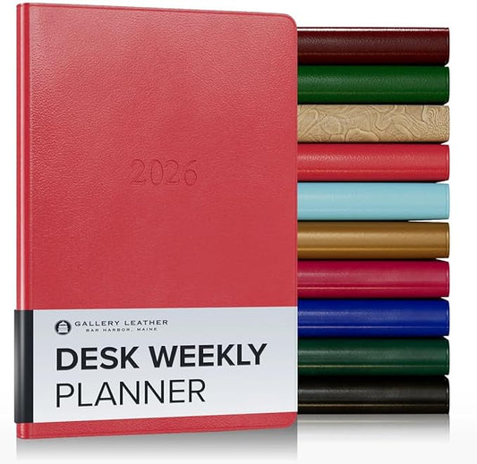 Gallery Leather Desk Weekly Monthly Planner 2025-2026, Elegantly Bound Calendar Planner and Notebook with Stylish Gold-Gilded Page Edges, 12 Months - Caribbean Red - 8 x 5.5 "