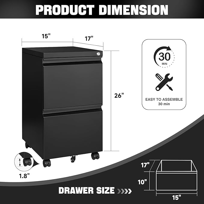 2 Drawer File Cabinet On Wheels Mobile File Cabinet with Lock Under Desk Metal Filing Small Rolling Black Printer Stand for Home Office Assembly Required