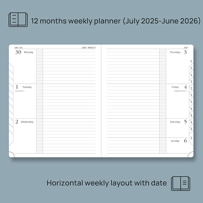 POPRUN Planner 2025-2026 (Large 8.5''x 10.5''), Horizontal Weekly Notebook Jul.2025 - Jun.2026, Academic Appointment Book with Monthly Tabs, Leather Hardcover, Inner Pocket, 100 GSM - Navy Blue
