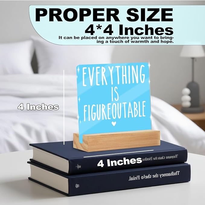 Home Office Desk Decor, Inspirational Farmhouse Acrylic Sign With Wooden Stand Decor for Tabletop Cubicle Shelf Desk Accessories- Everything is Figureoutable Mental Health Cubicle Sign