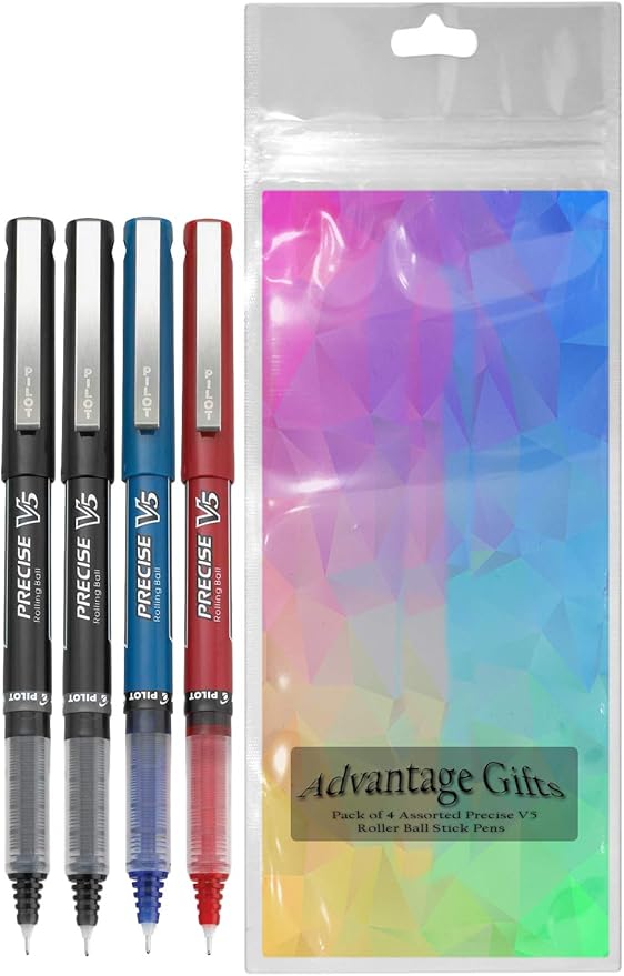 Precise V5 Stick Rolling Ball Pens, Extra Fine Point (.5mm), Assorted Colors Black/Blue/Red Ink, 4-pk; Bundle with Plastic Reusable Pouch