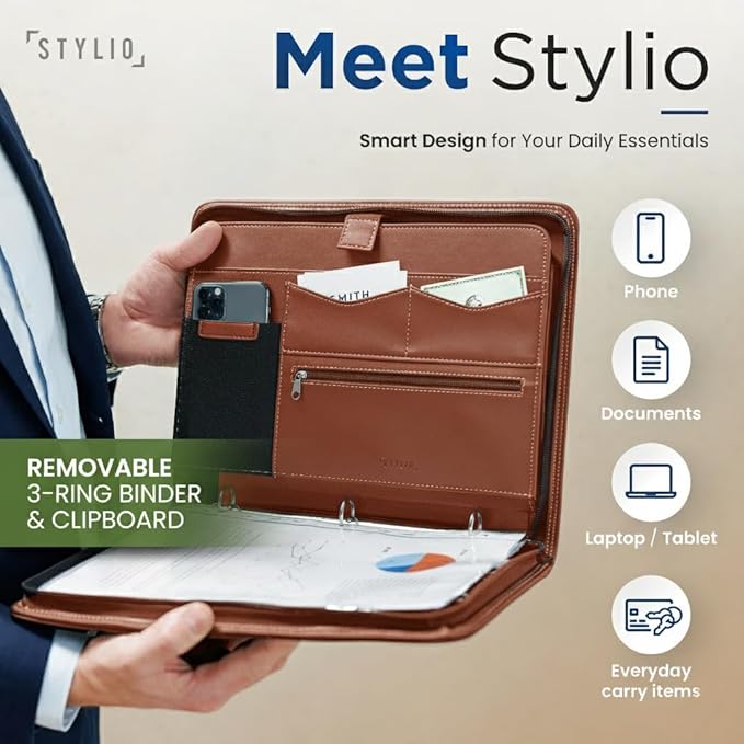 STYLIO Zipper Portfolio Binder with Carrying Handle | Removable 3-Ring Binder (1") w/Clipboard Padfolio | Organizer for Documents, iPad, Tablet, Phone, Notebook| Business Leather Folder for Men Women
