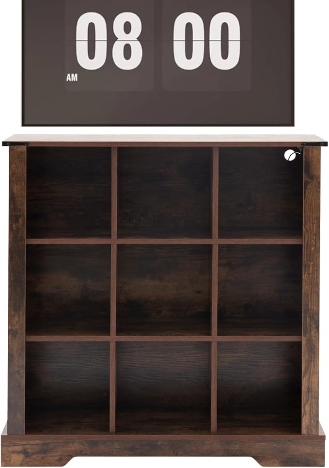 9 Cube Storage Organizer, 3 Tier Bookshelf for Living Room, Farmhouse Bookcase with Led, Kids Toy Storage Cabinet, Wall Cubby Shelves for Home Decor, Wood Display Cabinet for Bedroom, Brown