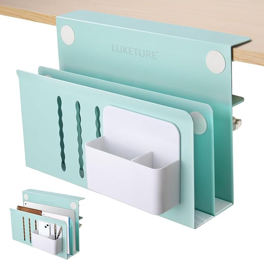 LUKETURE Desk Side Storage, 2 Tier Steel Hanging Organizer, No Drill Side Desk Organizer, Laptop Holder, with Pen Holder, Hanging Table Storage for Office Home, Fits Flat Edge Tables 0.3" to 2.8"