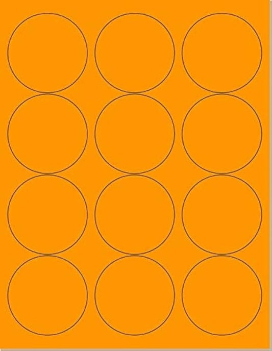 Pack of 100 Sheets, 8-1/2 x 11" Fluorescent Labels for Laser & Inkjet Printer (Orange Fluorescent, 2-1/2" Round - 12 per Page, 1200 Labels)
