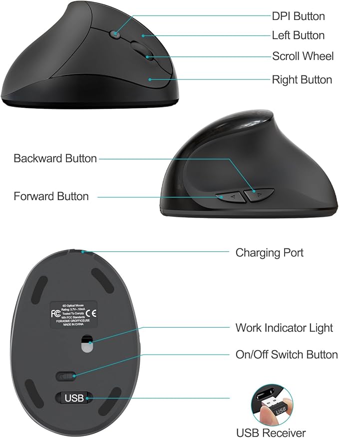 Lekvey Ergonomic Mouse, Vertical Wireless Mouse for Small/Medium Hands, Rechargeable with USB Receiver, 3 DPI for Comfort, Relieves Wrist Pain, Carpal Tunnel Mouse for Laptop, PC, Computer, Mac, Black