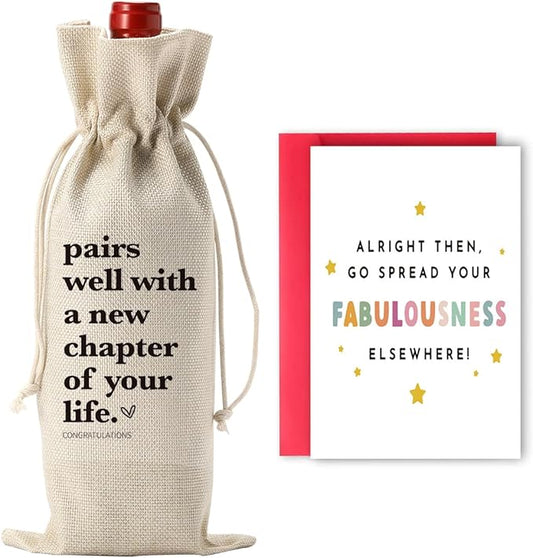 New Chapter Wine Bag with Good Luck card New Beginnings Gifts for Women Men Farewell Gifts for Friends Going Moving Away Gifts for Coworkers Retirement Wine Bag Card Set