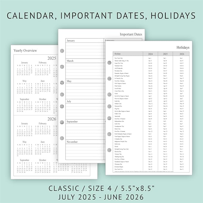 newestor 2025-2026 Planner Refill for Mini Binder, Weekly & Monthly, July 2025 - June 2026, 5-1/2" x 8-1/2", Desk Size 4, 7 Holes