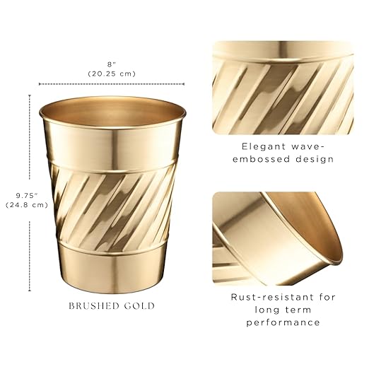 Monarch Abode Brushed Gold Handcrafted Wave Embossed Metal Wastebasket for Home Office, Decorative Waste Basket, Modern Bathroom Garbage Can, Durable & Decorative Trash Bin, Brushed Gold Trash Can