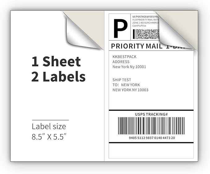 KKBESTPACK Half Sheet Shipping Labels for Laser and Inkjet Printers – 2 Per Page Self Adhesive Mailing Labels – White 8.5 x 5.5 (50 Labels)