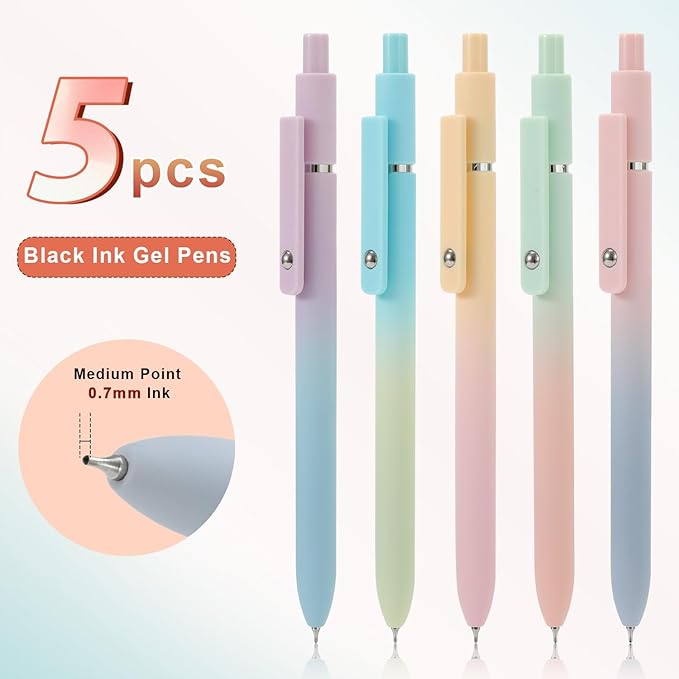 Gel Pens, 5Pcs Smooth Writing Medium Point 0.7mm Pens for Journaling, Black Ink Cute Stationary Office Desk Accessories, Aesthetic School Office Supplies for Women (5Pcs Gradient-Black Ink)